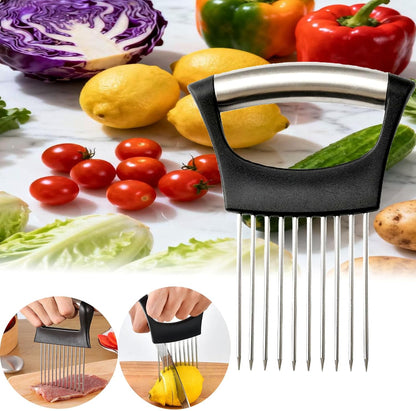 Onion Holder for Slicing - Stainless Steel Vegetable & Fruit Cutter Chopper for Onions,Potatoes, Tomatoes, Avocados, Eggs, Lemon &Meat - Kitchen Slicer Assistant with Neat Guide & Tenderizer.