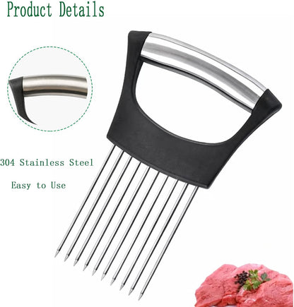 Onion Holder for Slicing - Stainless Steel Vegetable & Fruit Cutter Chopper for Onions,Potatoes, Tomatoes, Avocados, Eggs, Lemon &Meat - Kitchen Slicer Assistant with Neat Guide & Tenderizer.
