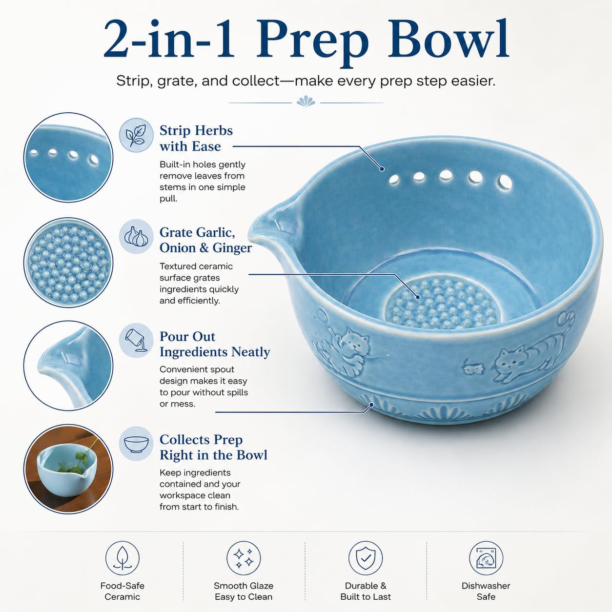 Upgraded 2 in 1 Ceramic Garlic Grater Bowl with Herb Stripper | Ceramic Handmade Sharp Textured Base
