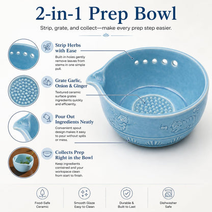 Upgraded 2 in 1 Ceramic Garlic Grater Bowl with Herb Stripper | Ceramic Handmade Sharp Textured Base