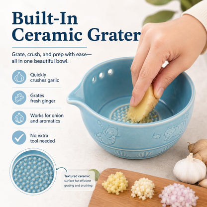 Upgraded 2 in 1 Ceramic Garlic Grater Bowl with Herb Stripper | Ceramic Handmade Sharp Textured Base