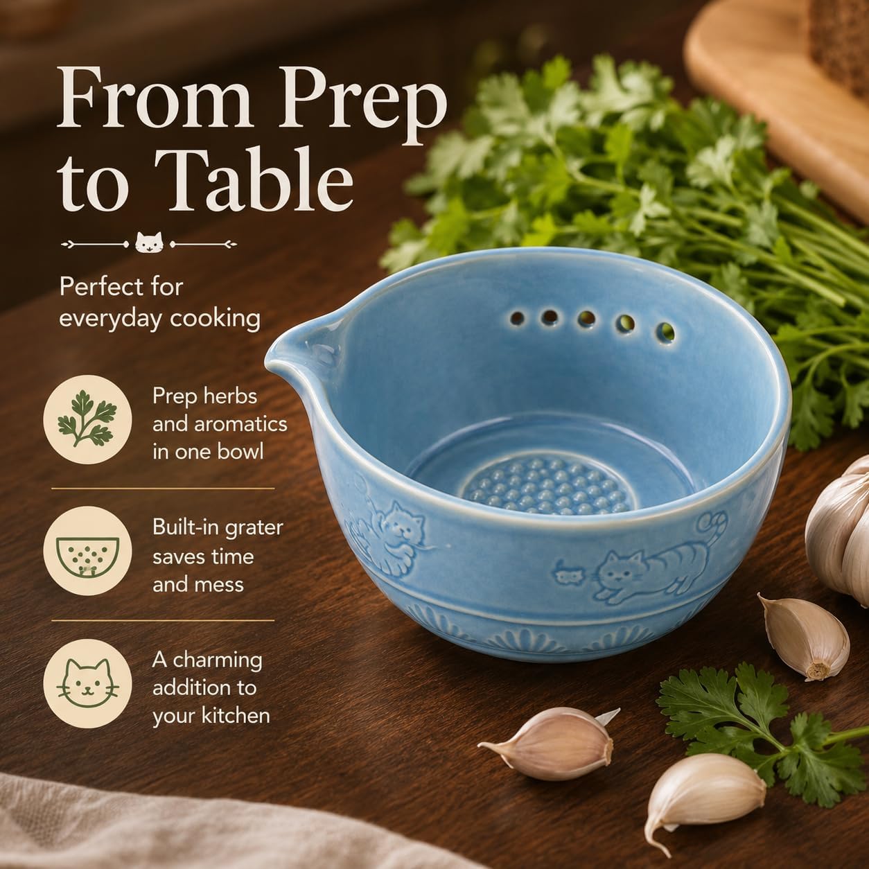 Upgraded 2 in 1 Ceramic Garlic Grater Bowl with Herb Stripper | Ceramic Handmade Sharp Textured Base