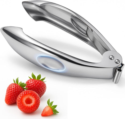 Strawberry Huller, 304 Food-Grade Stainless Steel Stem Remover with Safety Lock, Ergonomic Non-Slip Grooved Handle, Dishwasher Safe (High Heat), De-Stems Strawberries, Tomatoes & More