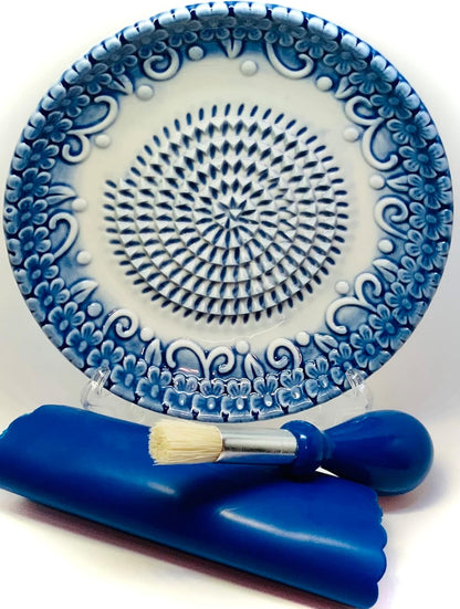 Premium Ceramic Garlic Grater Plate Set - Blue Embossed