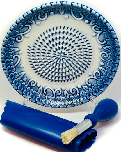 Premium Ceramic Garlic Grater Plate Set - Blue Embossed