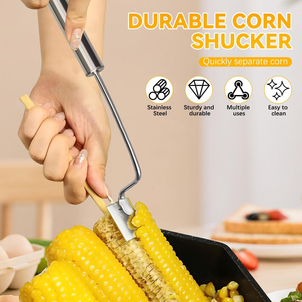 Corn Peeler,Stainless Steel Long Handle Corn Peeler,Easy Clean Corn on the Cob Remover for Home Kitchen and Outdoor Dining