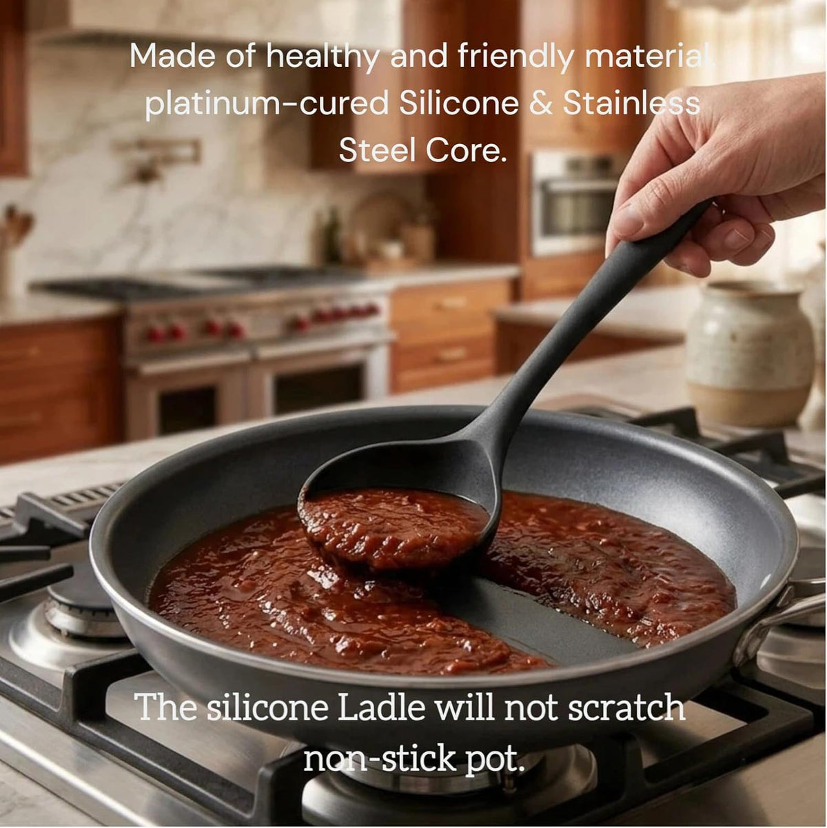 12" Silicone Ladle Spoon Set of 2, Long handle soup spoons Seamless & Nonstick, Heat resistant 600 °F Kitchen Soup Ladles for Cooking.