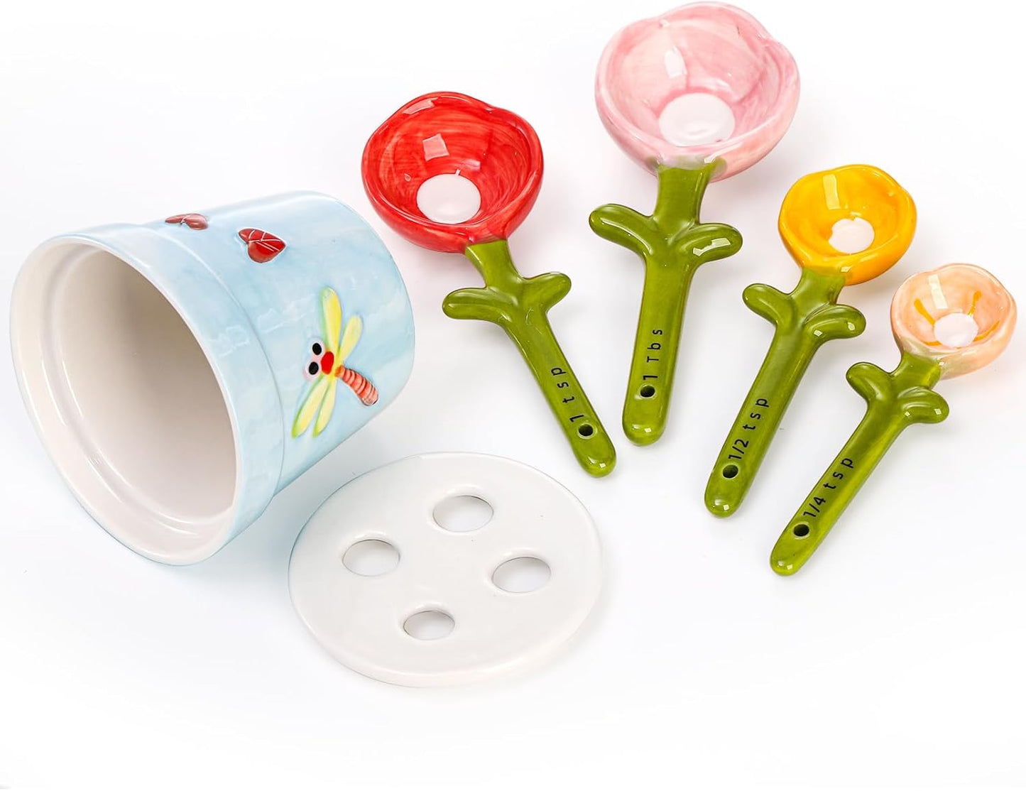 5Pcs Ceramic Measuring Spoons and Cup, Flower Baking Scale Spoons with Base Set for Dry and Liquid Ingredient, 1/4 tsp, 1/2 tsp, 1 tsp, 1 Tbsp