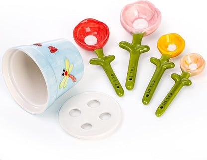 5Pcs Ceramic Measuring Spoons and Cup, Flower Baking Scale Spoons with Base Set for Dry and Liquid Ingredient, 1/4 tsp, 1/2 tsp, 1 tsp, 1 Tbsp