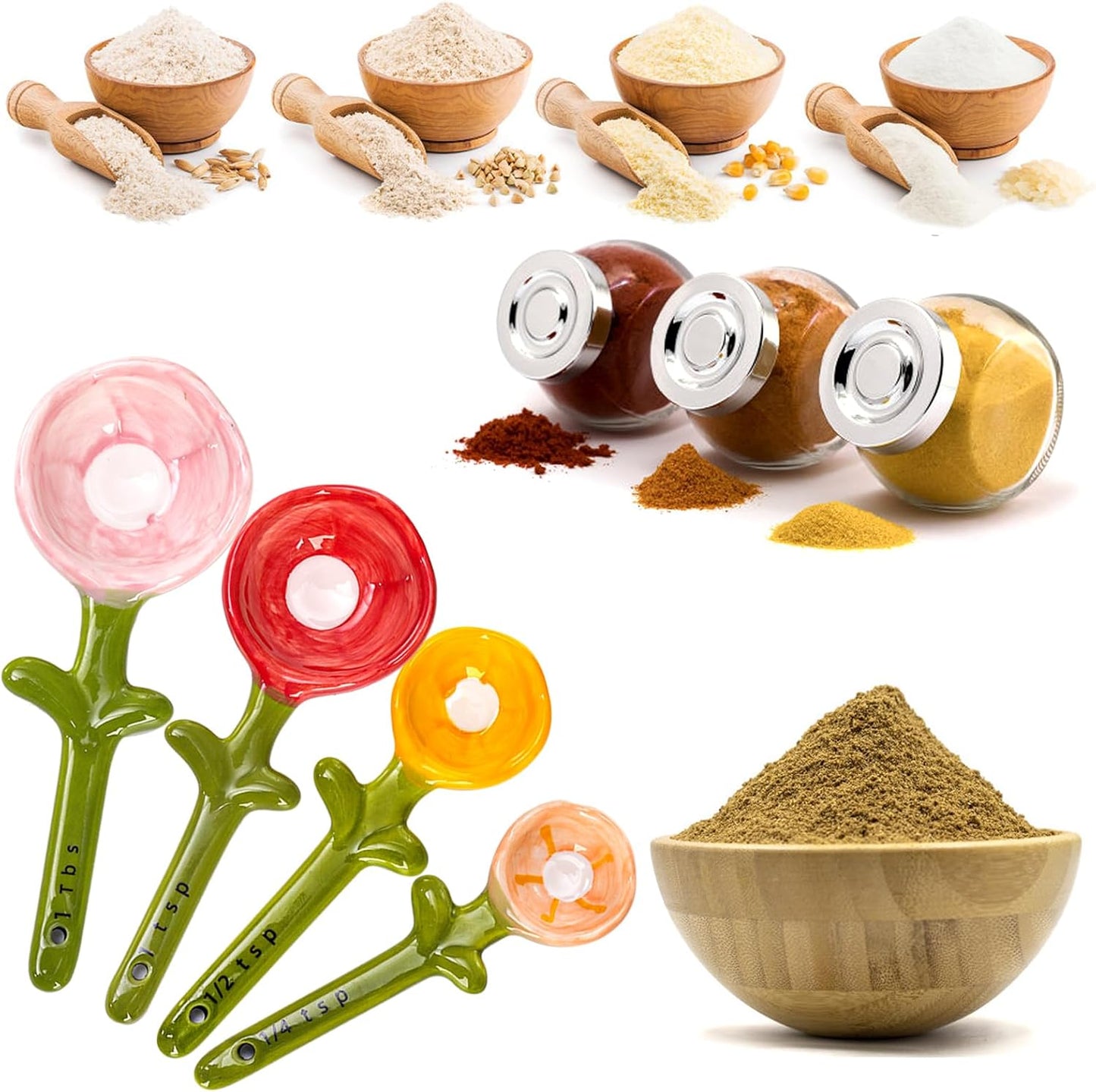 5Pcs Ceramic Measuring Spoons and Cup, Flower Baking Scale Spoons with Base Set for Dry and Liquid Ingredient, 1/4 tsp, 1/2 tsp, 1 tsp, 1 Tbsp