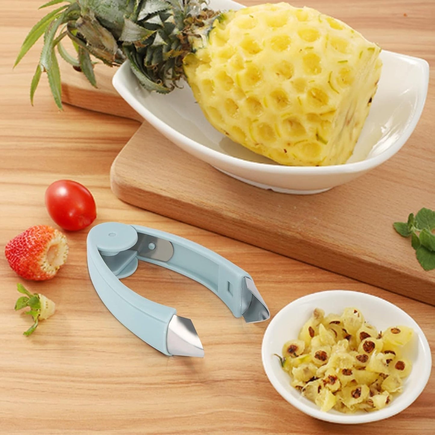 Pineapple Peeler, Stainless Steel Fruit Slicer Eye Cutter with Non Slip Grip, Strawberry Huller Fruits and Vegetables Stem Remover Corer, Kitchen Gadget Tool(Blue)
