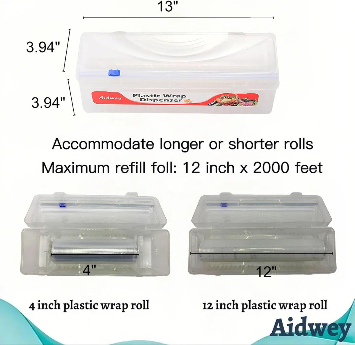 Plastic Wrap Dispenser with 12"x500ft BPA free Film - Cling Wrap Dispenser with Cutter for Food Film, Aluminum Foil, Baking Paper & More