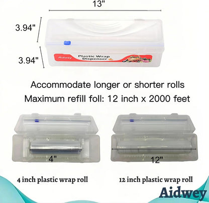 Plastic Wrap Dispenser with 12"x500ft BPA free Film - Cling Wrap Dispenser with Cutter for Food Film, Aluminum Foil, Baking Paper & More