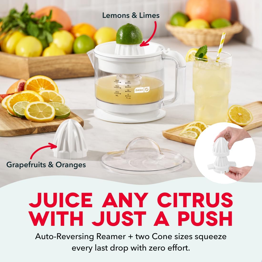 Dual Electric Citrus Juicer Machine - Orange Juicer and Lemon Squeezer with Auto-Reversing Reamer, Adjustable Pulp Control, Mess-Free Spout, 20 oz Juice Container-Lime Squeezer for Home-White