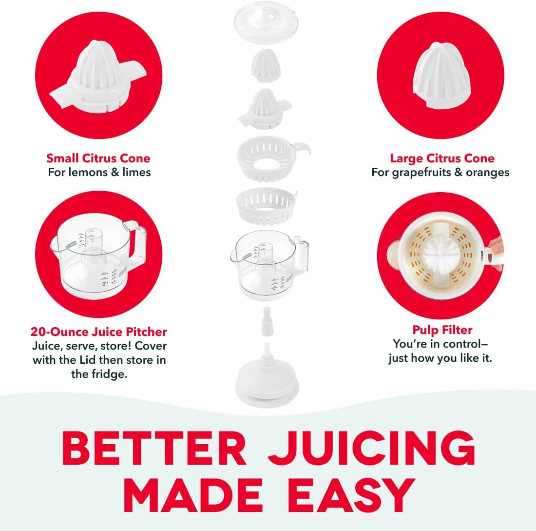 Dual Electric Citrus Juicer Machine - Orange Juicer and Lemon Squeezer with Auto-Reversing Reamer, Adjustable Pulp Control, Mess-Free Spout, 20 oz Juice Container-Lime Squeezer for Home-White