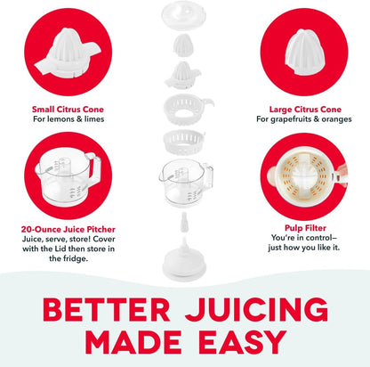 Dual Electric Citrus Juicer Machine - Orange Juicer and Lemon Squeezer with Auto-Reversing Reamer, Adjustable Pulp Control, Mess-Free Spout, 20 oz Juice Container-Lime Squeezer for Home-White