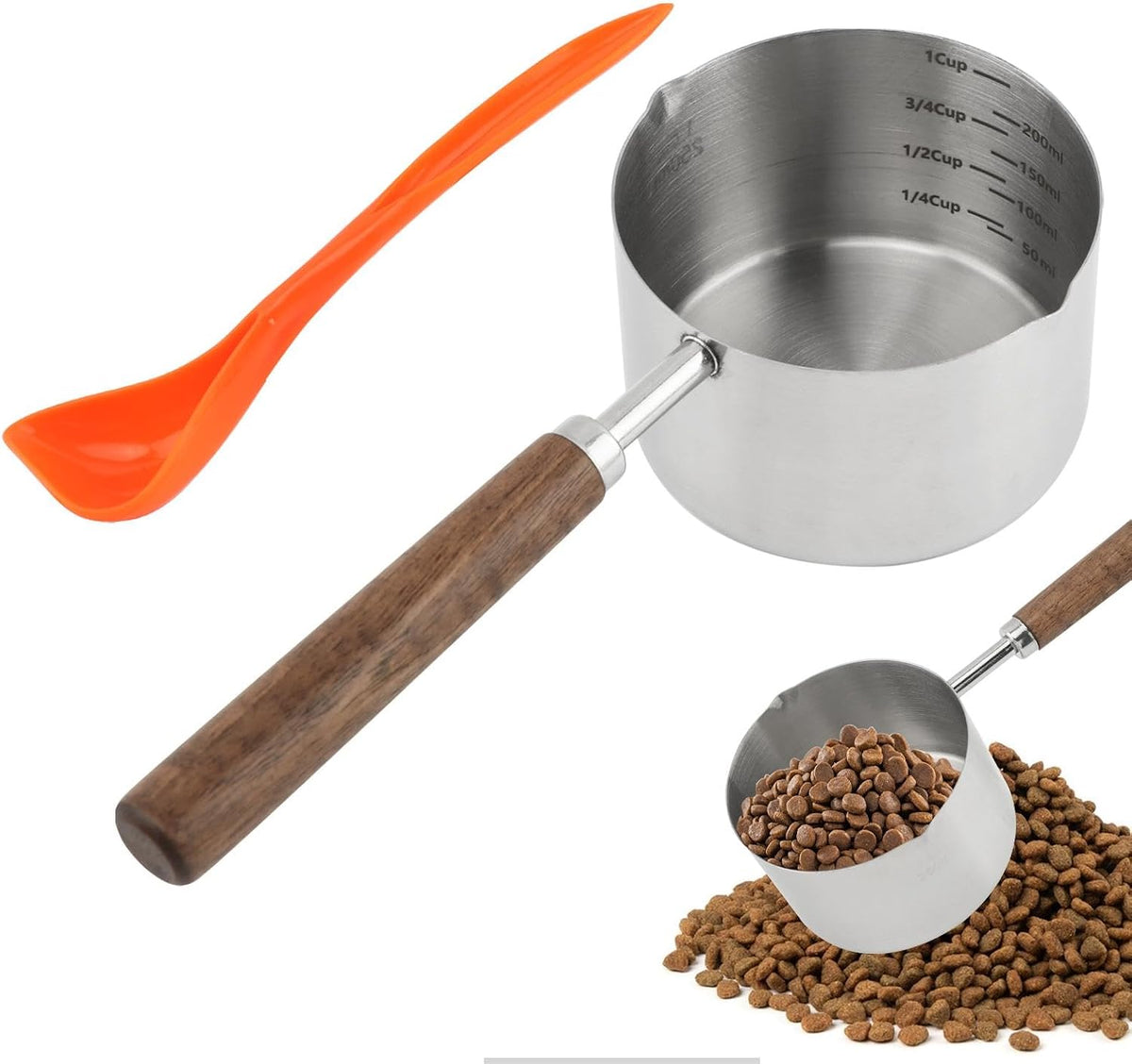 1Cup(250ml) Dog Cat Food Scoop, Stainless Steel Measuring Cup with Wooden Handle and 1 Plastic Can Spoon, Dishwasher Safe