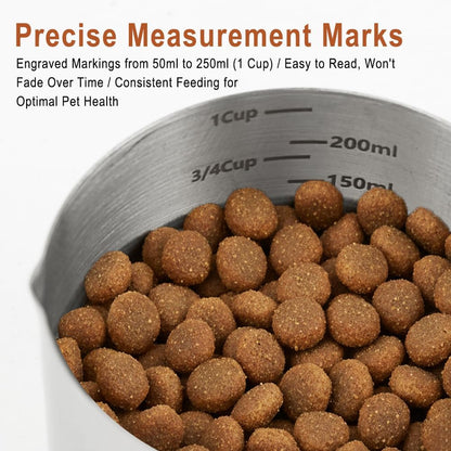 1Cup(250ml) Dog Cat Food Scoop, Stainless Steel Measuring Cup with Wooden Handle and 1 Plastic Can Spoon, Dishwasher Safe