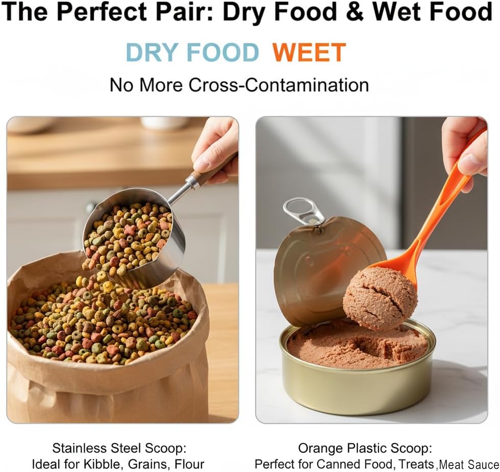 1Cup(250ml) Dog Cat Food Scoop, Stainless Steel Measuring Cup with Wooden Handle and 1 Plastic Can Spoon, Dishwasher Safe