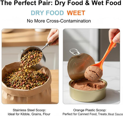 1Cup(250ml) Dog Cat Food Scoop, Stainless Steel Measuring Cup with Wooden Handle and 1 Plastic Can Spoon, Dishwasher Safe