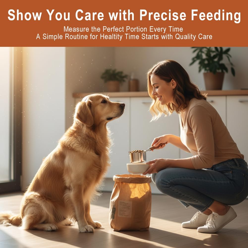 1Cup(250ml) Dog Cat Food Scoop, Stainless Steel Measuring Cup with Wooden Handle and 1 Plastic Can Spoon, Dishwasher Safe