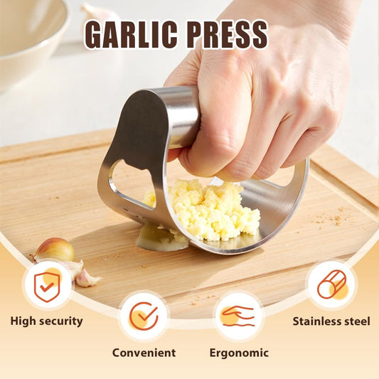 Garlic Press Rocker, Portable Manual Stainless Steel Garlic Press Rocker Crusher Masher with Garlic Peeling Drum for Home Kitchen Utensils (Silver*1)