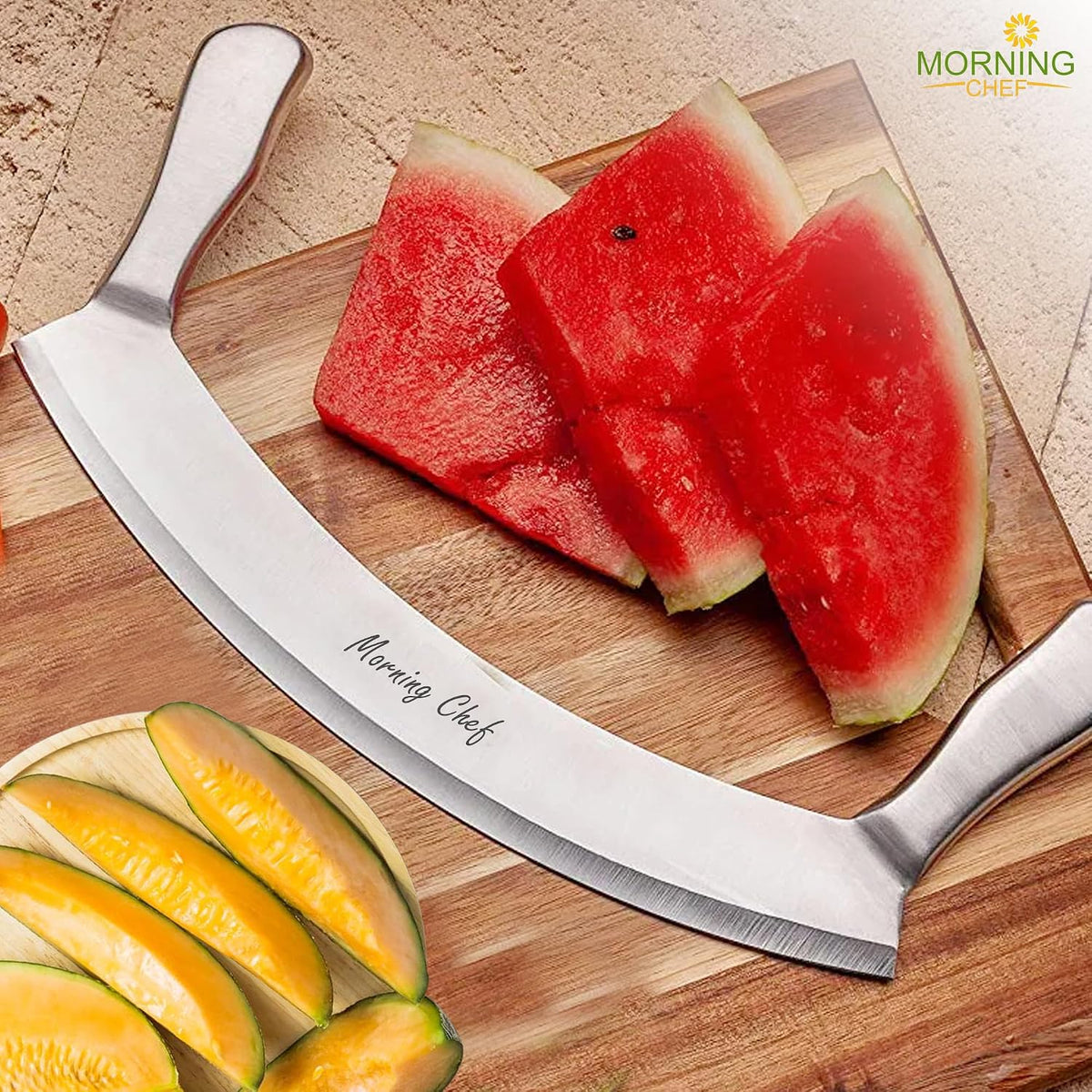 12" Stainless Steel Mezzaluna Knife | Pizza Cutter | Chopper Dicer Mincer | Curved Blade with Steel Handles | Mezzaluna Sheath Pizza Cutter Rocker, Rocker Knife Veggie Cutter