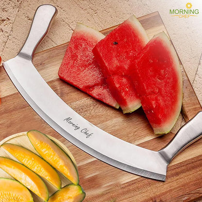 12" Stainless Steel Mezzaluna Knife | Pizza Cutter | Chopper Dicer Mincer | Curved Blade with Steel Handles | Mezzaluna Sheath Pizza Cutter Rocker, Rocker Knife Veggie Cutter