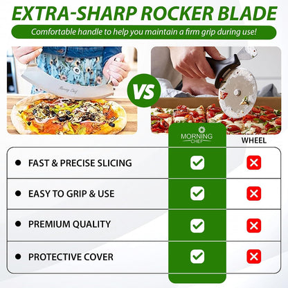 12" Stainless Steel Mezzaluna Knife | Pizza Cutter | Chopper Dicer Mincer | Curved Blade with Steel Handles | Mezzaluna Sheath Pizza Cutter Rocker, Rocker Knife Veggie Cutter
