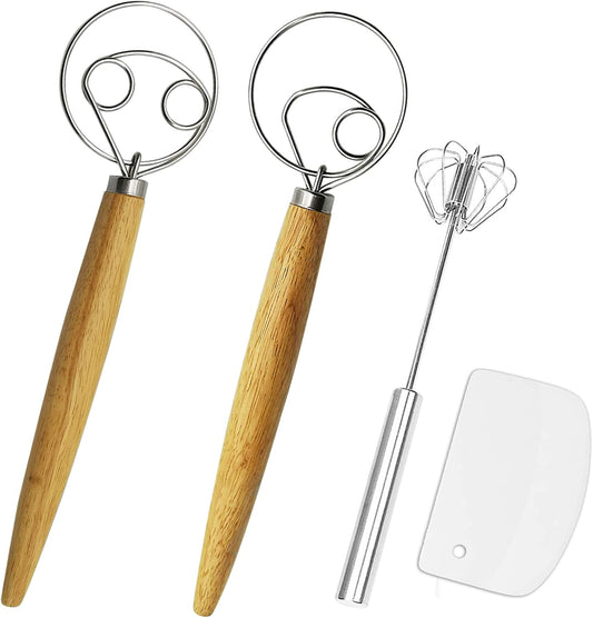 Danish Dough Whisk Bread Mixer & Egg Whisk Kits, 2 Pack Premium Stainless Steel Dutch & 1 Pack Hand Push Rotary Blender for Pastry Pizza Dough, with a Dough Scraper for Bread