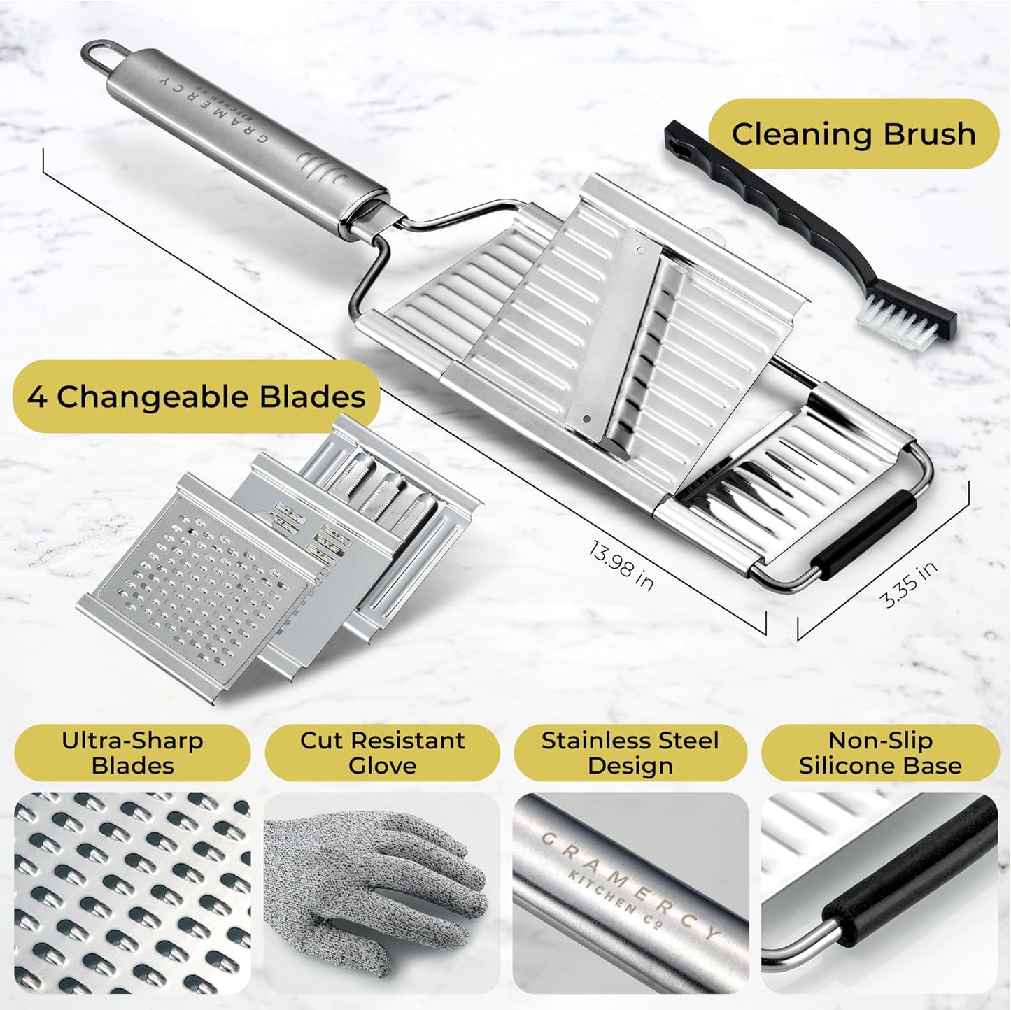 Gramercy Handheld Mandoline Slicer for Kitchen - Stainless Steel Veggie & Fruit Slicer with 4 Blades - Slicer, Julienne & Grater, Cut Resistant Safety Glove & Cleaning Brush Included, Dishwasher Safe