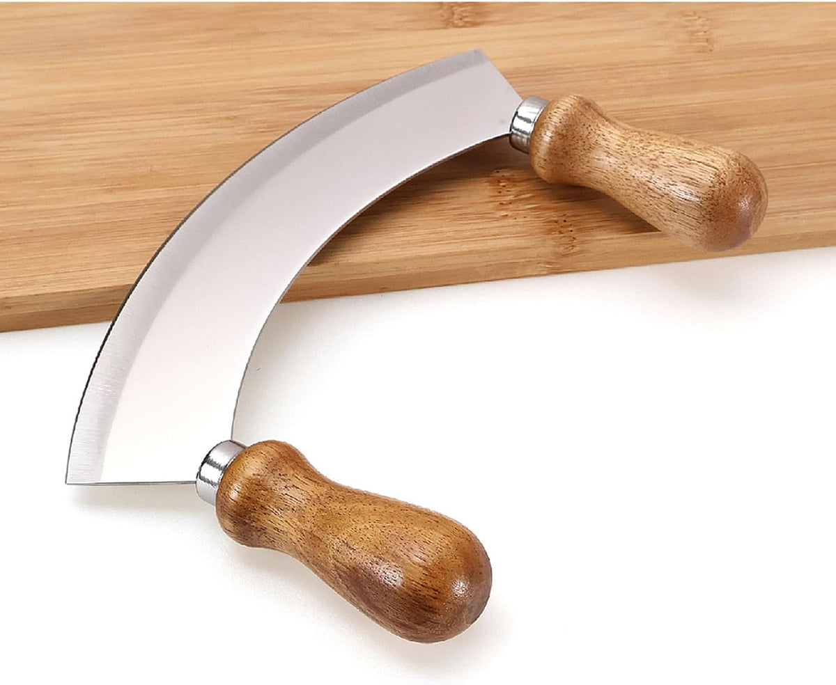 6.8 Inch Stainless Steel Mezzaluna Knife - Salad Chopper Rocker Pizza Cutter Rocker Knife Curved Blade Sharp Blade Double Acacia Wood Handle Fruit Vegetable Mincing (6.8 Inch Silver)