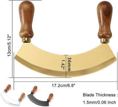 6.8 Inch Stainless Steel Mezzaluna Knife - Salad Chopper Rocker Pizza Cutter Rocker Knife Curved Blade Sharp Blade Double Acacia Wood Handle Fruit Vegetable Mincing (6.8 Inch Silver)