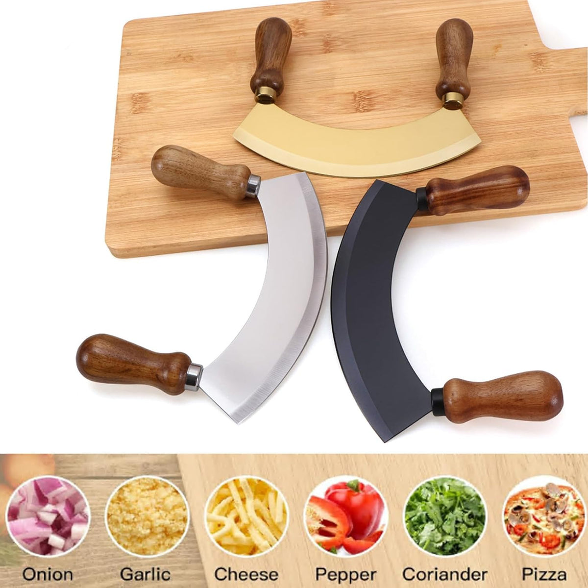 6.8 Inch Stainless Steel Mezzaluna Knife - Salad Chopper Rocker Pizza Cutter Rocker Knife Curved Blade Sharp Blade Double Acacia Wood Handle Fruit Vegetable Mincing (6.8 Inch Silver)