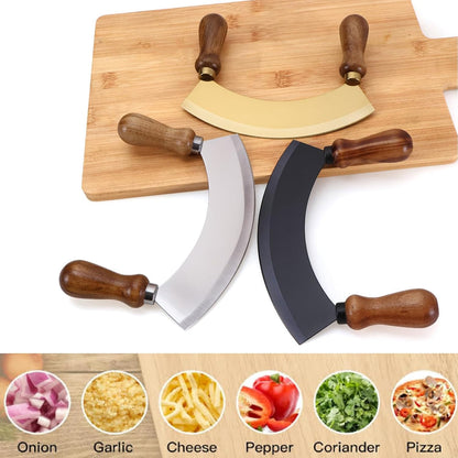 6.8 Inch Stainless Steel Mezzaluna Knife - Salad Chopper Rocker Pizza Cutter Rocker Knife Curved Blade Sharp Blade Double Acacia Wood Handle Fruit Vegetable Mincing (6.8 Inch Silver)