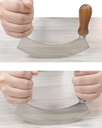 6.8 Inch Stainless Steel Mezzaluna Knife - Salad Chopper Rocker Pizza Cutter Rocker Knife Curved Blade Sharp Blade Double Acacia Wood Handle Fruit Vegetable Mincing (6.8 Inch Silver)