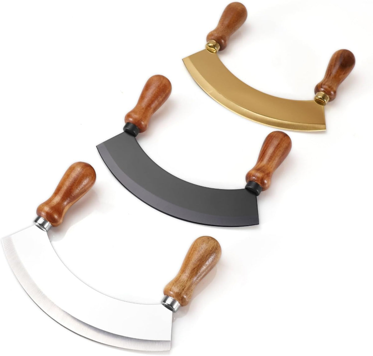 6.8 Inch Stainless Steel Mezzaluna Knife - Salad Chopper Rocker Pizza Cutter Rocker Knife Curved Blade Sharp Blade Double Acacia Wood Handle Fruit Vegetable Mincing (6.8 Inch Silver)
