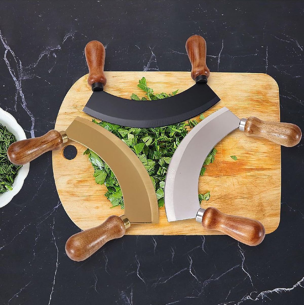 6.8 Inch Stainless Steel Mezzaluna Knife - Salad Chopper Rocker Pizza Cutter Rocker Knife Curved Blade Sharp Blade Double Acacia Wood Handle Fruit Vegetable Mincing (6.8 Inch Silver)