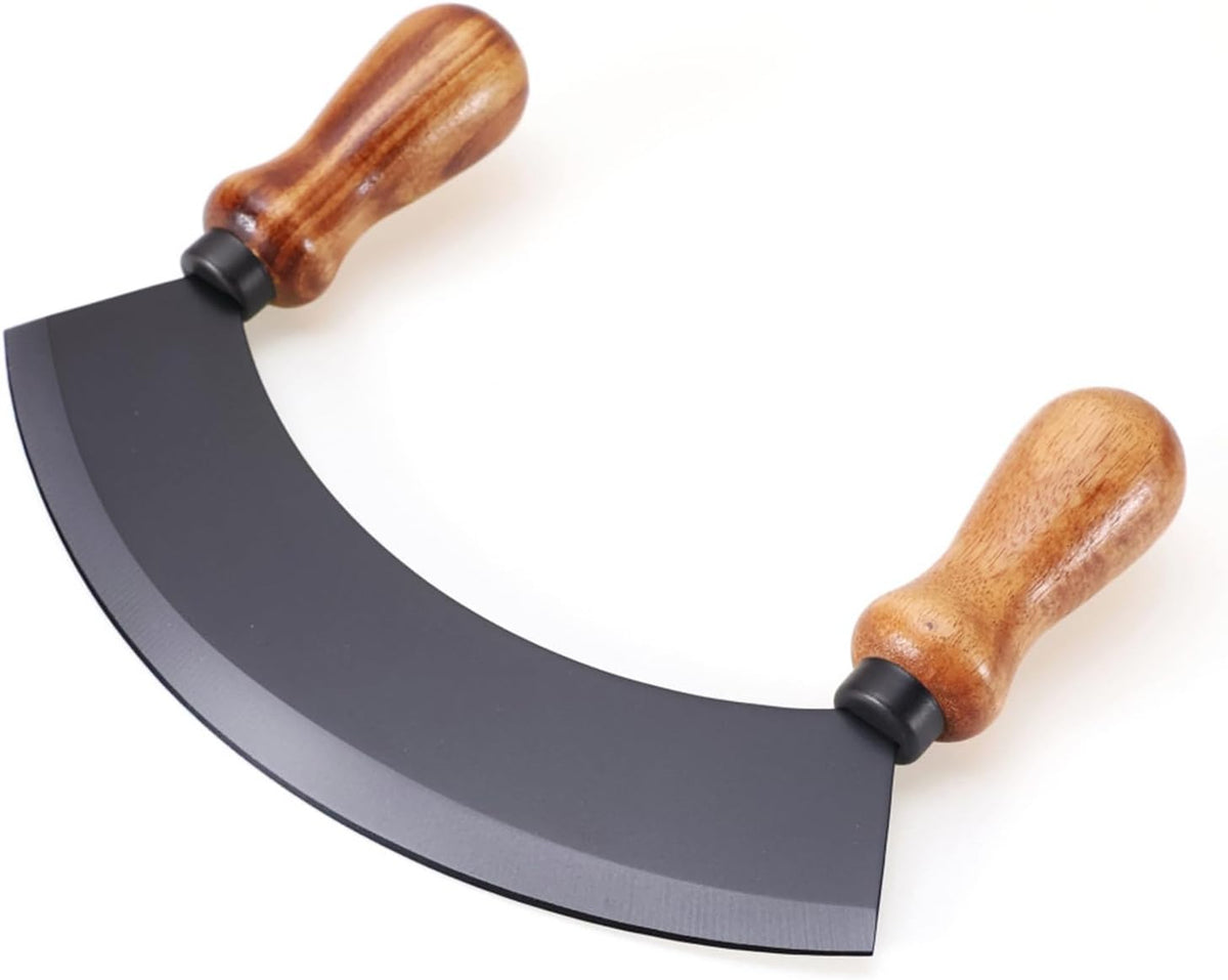 6.8 Inch Stainless Steel Mezzaluna Knife - Salad Chopper Rocker Pizza Cutter Rocker Knife Curved Blade Sharp Blade Double Acacia Wood Handle Fruit Vegetable Mincing (6.8 Inch Silver)