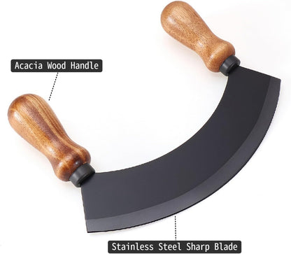 6.8 Inch Stainless Steel Mezzaluna Knife - Salad Chopper Rocker Pizza Cutter Rocker Knife Curved Blade Sharp Blade Double Acacia Wood Handle Fruit Vegetable Mincing (6.8 Inch Silver)