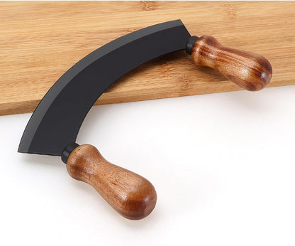 6.8 Inch Stainless Steel Mezzaluna Knife - Salad Chopper Rocker Pizza Cutter Rocker Knife Curved Blade Sharp Blade Double Acacia Wood Handle Fruit Vegetable Mincing (6.8 Inch Silver)