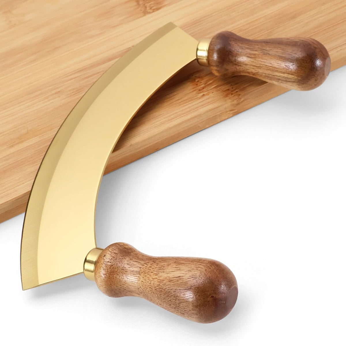 6.8 Inch Stainless Steel Mezzaluna Knife - Salad Chopper Rocker Pizza Cutter Rocker Knife Curved Blade Sharp Blade Double Acacia Wood Handle Fruit Vegetable Mincing (6.8 Inch Silver)