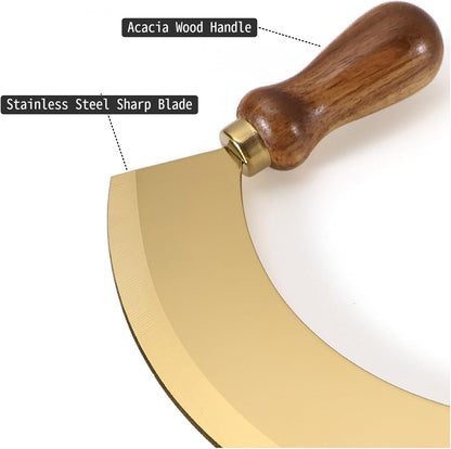 6.8 Inch Stainless Steel Mezzaluna Knife - Salad Chopper Rocker Pizza Cutter Rocker Knife Curved Blade Sharp Blade Double Acacia Wood Handle Fruit Vegetable Mincing (6.8 Inch Silver)