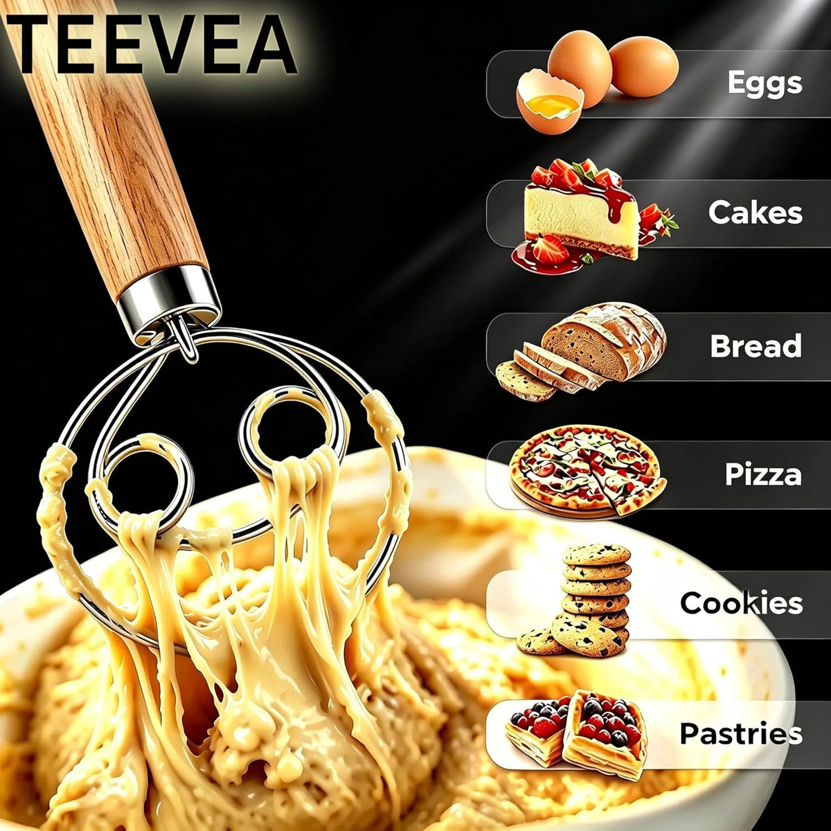 Danish Dough Whisk Stainless Steel Wooden Handle for Sourdough Bread | 4-Loop Food-Grade Steel Dutch Whisk, Even Mixing, Replaces Dough Hook and Mixing Spoon, Nonstick Easy Clean, Sourdough Mixer