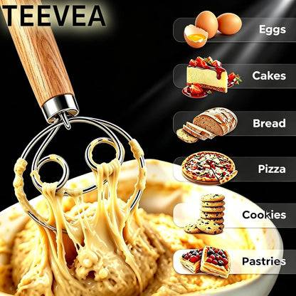 Danish Dough Whisk Stainless Steel Wooden Handle for Sourdough Bread | 4-Loop Food-Grade Steel Dutch Whisk, Even Mixing, Replaces Dough Hook and Mixing Spoon, Nonstick Easy Clean, Sourdough Mixer
