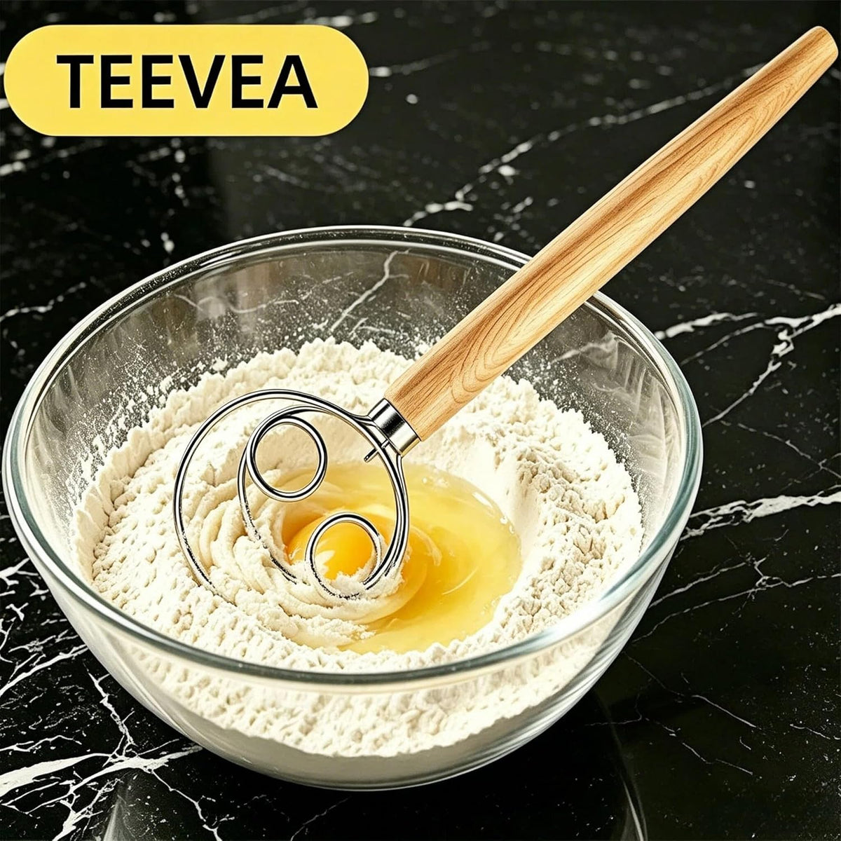 Danish Dough Whisk Stainless Steel Wooden Handle for Sourdough Bread | 4-Loop Food-Grade Steel Dutch Whisk, Even Mixing, Replaces Dough Hook and Mixing Spoon, Nonstick Easy Clean, Sourdough Mixer