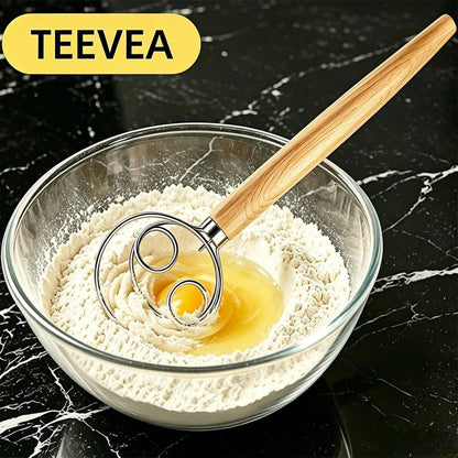 Danish Dough Whisk Stainless Steel Wooden Handle for Sourdough Bread | 4-Loop Food-Grade Steel Dutch Whisk, Even Mixing, Replaces Dough Hook and Mixing Spoon, Nonstick Easy Clean, Sourdough Mixer