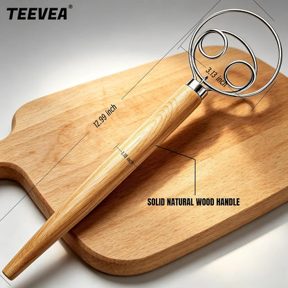 Danish Dough Whisk Stainless Steel Wooden Handle for Sourdough Bread | 4-Loop Food-Grade Steel Dutch Whisk, Even Mixing, Replaces Dough Hook and Mixing Spoon, Nonstick Easy Clean, Sourdough Mixer