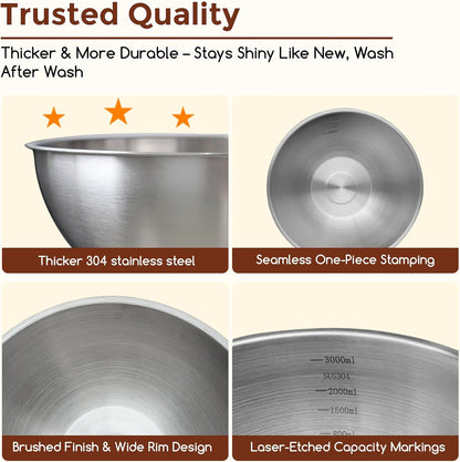 Gronivex Stainless Steel Mixing Bowls Set, 3-Piece (1.5, 2.2 & 3.4 Qt) | Food-Grade Metal, Dishwasher safe，Stackable Nesting & Space-Saving – For Kitchen Baking, Salads, Meal Prep, RV & Camping