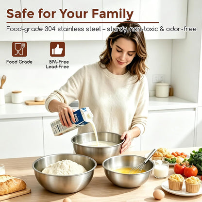 Gronivex Stainless Steel Mixing Bowls Set, 3-Piece (1.5, 2.2 & 3.4 Qt) | Food-Grade Metal, Dishwasher safe，Stackable Nesting & Space-Saving – For Kitchen Baking, Salads, Meal Prep, RV & Camping